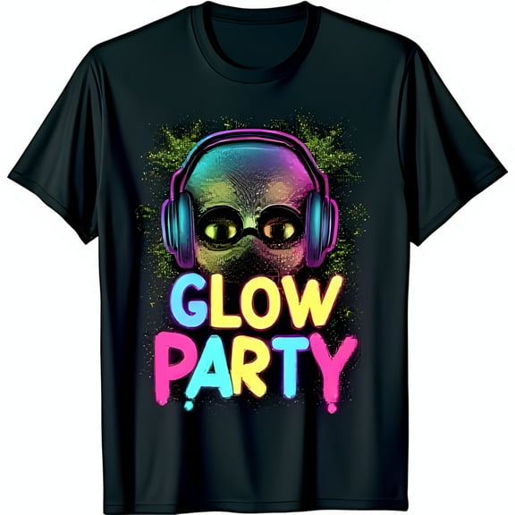 Glow in the Dark Black T-Shirt with Cartoon & Glow Party Design
