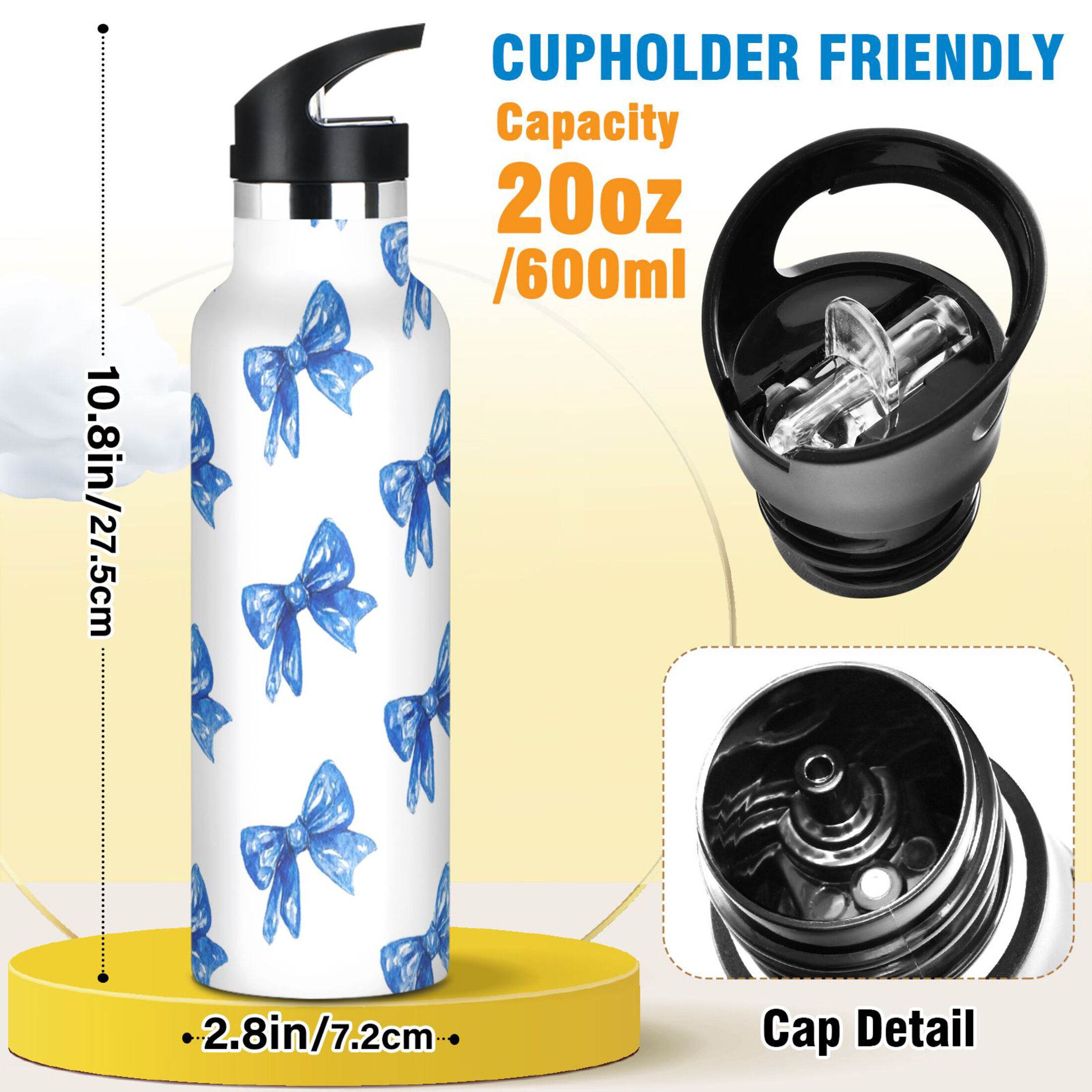 Kids Insulated Stainless Steel Sports Water Bottle 600ml (20oz) Blue Bows Pattern