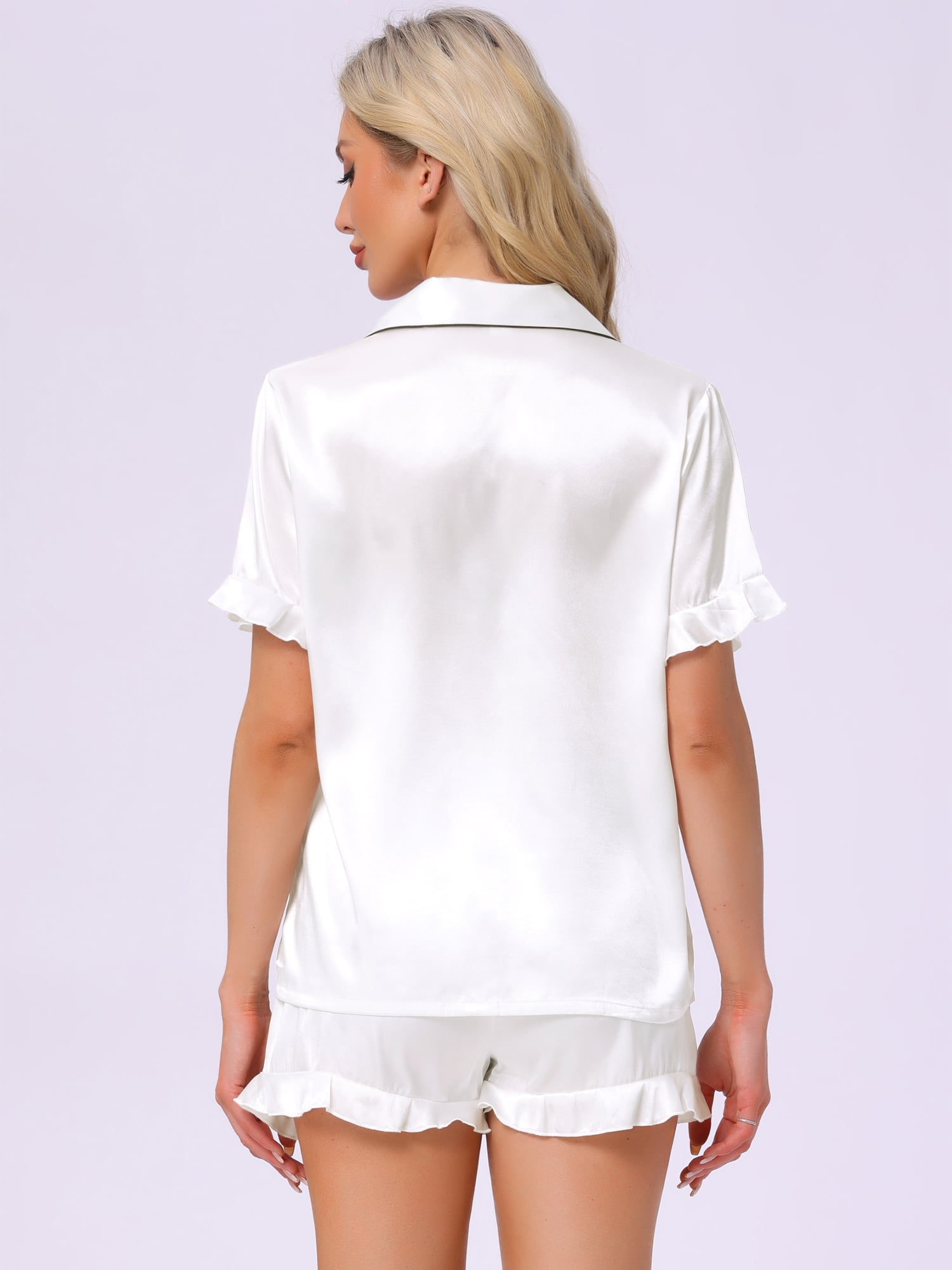 DARING DIVA Silky Short Sleeve Shorts Button Down  Satin Pajamas Set L White