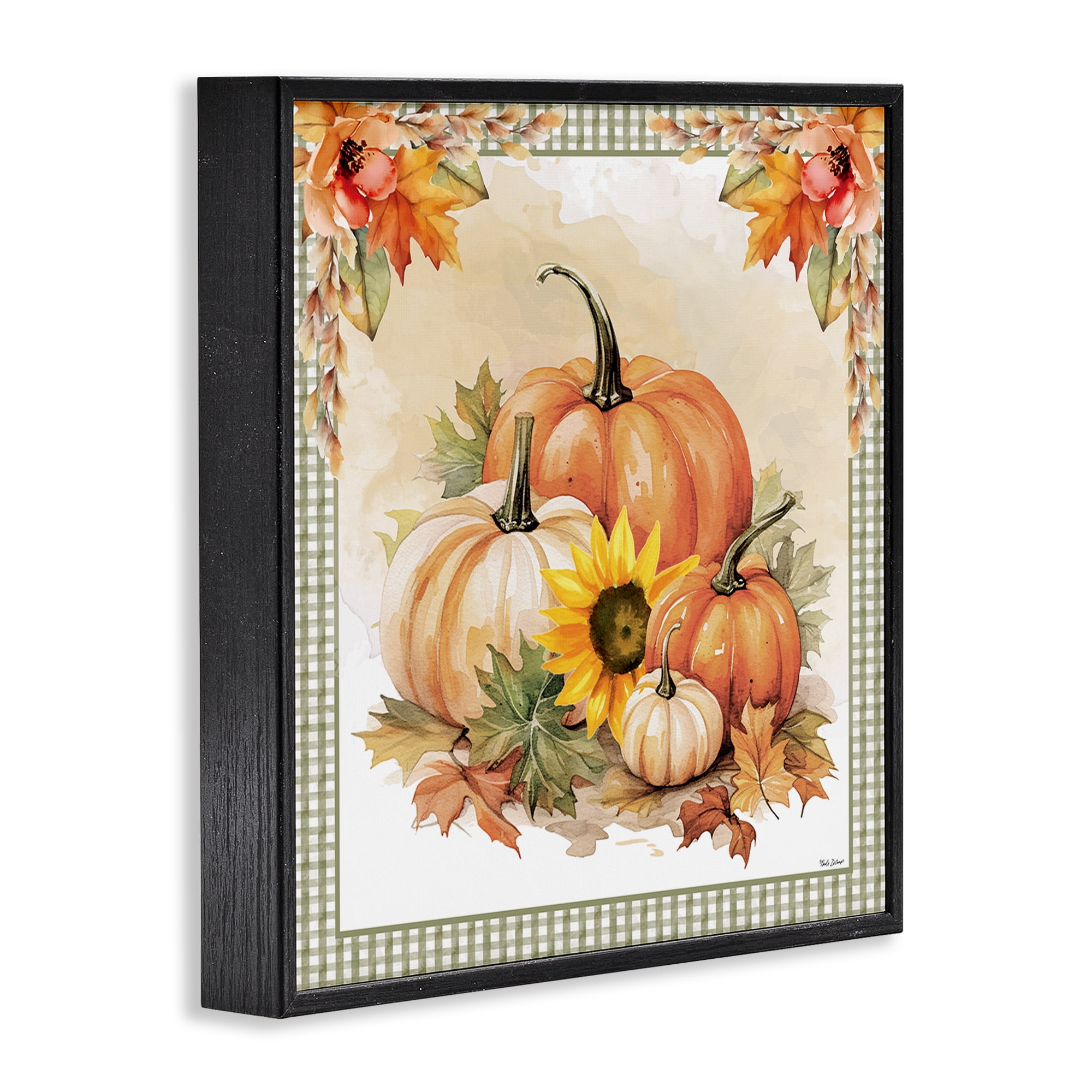 Stupell Industries Autumn Pumpkins Floral Border Botanical & Floral Painting Black Framed Art Prints Wall Art, 17 x 17