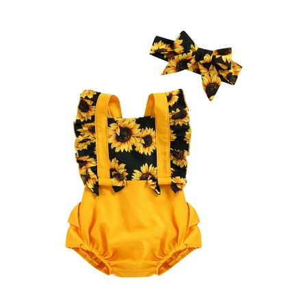 

Nokpsedcb Newborn Baby Girls 2PCS Outfits Infants Sunflower Print Flying Sleeve Square Neck Bodysuit + Decorative Bow Headband Yellow 12-18 Months