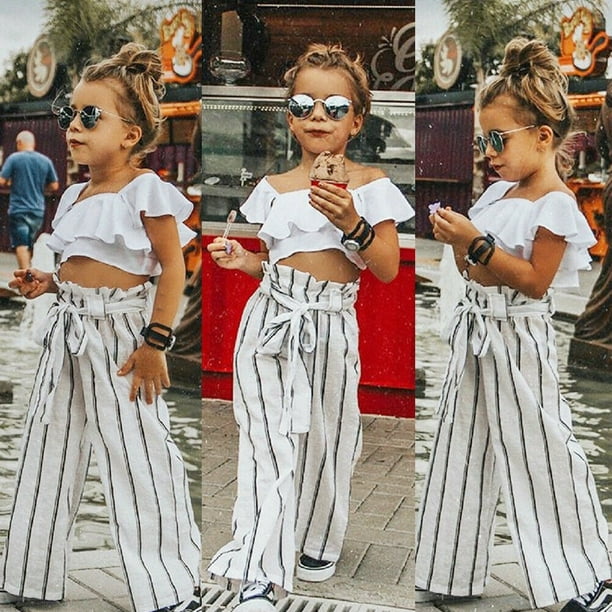 Summer Kids Baby Girls Outfit Set Ruffle Crop Top + Stripe Pants