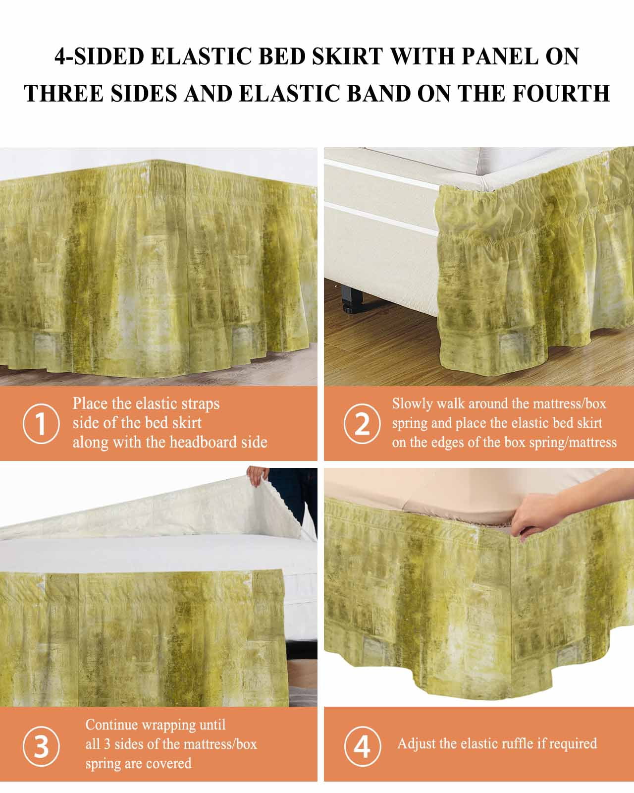 Yellow Wrap Around Bed Skirts for Queen Bed 16" Drop,Bed Skirt with Adjustable Elastic Belt Dust Ruffle Bed Valance for Bedroom Hotel Retro Oil Painting Modern Abstract Art Aesthetics Bed Frame Cover