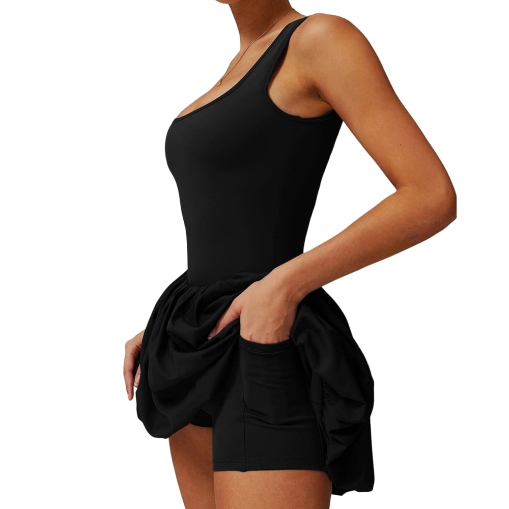 adaychics Womens Tennis Dress Square Neck Summer Sleeveless Athletic Backless Mini Dress with Shorts for Running