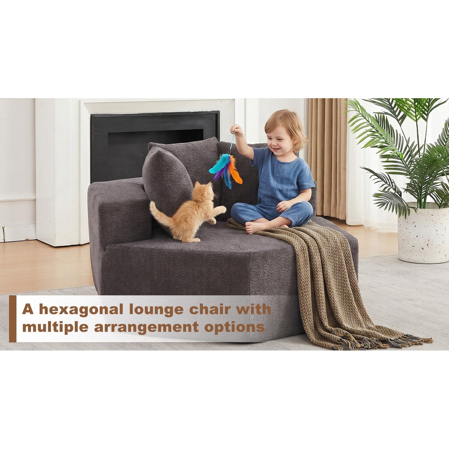 54-Inch Hexagonal Single Lounge Chair, Featuring Versatile Arrangements And A Modular Design; This Chenille-Upholstered Sofa Is Ideal For Lounges, Game Rooms, Living Rooms, And Bedrooms