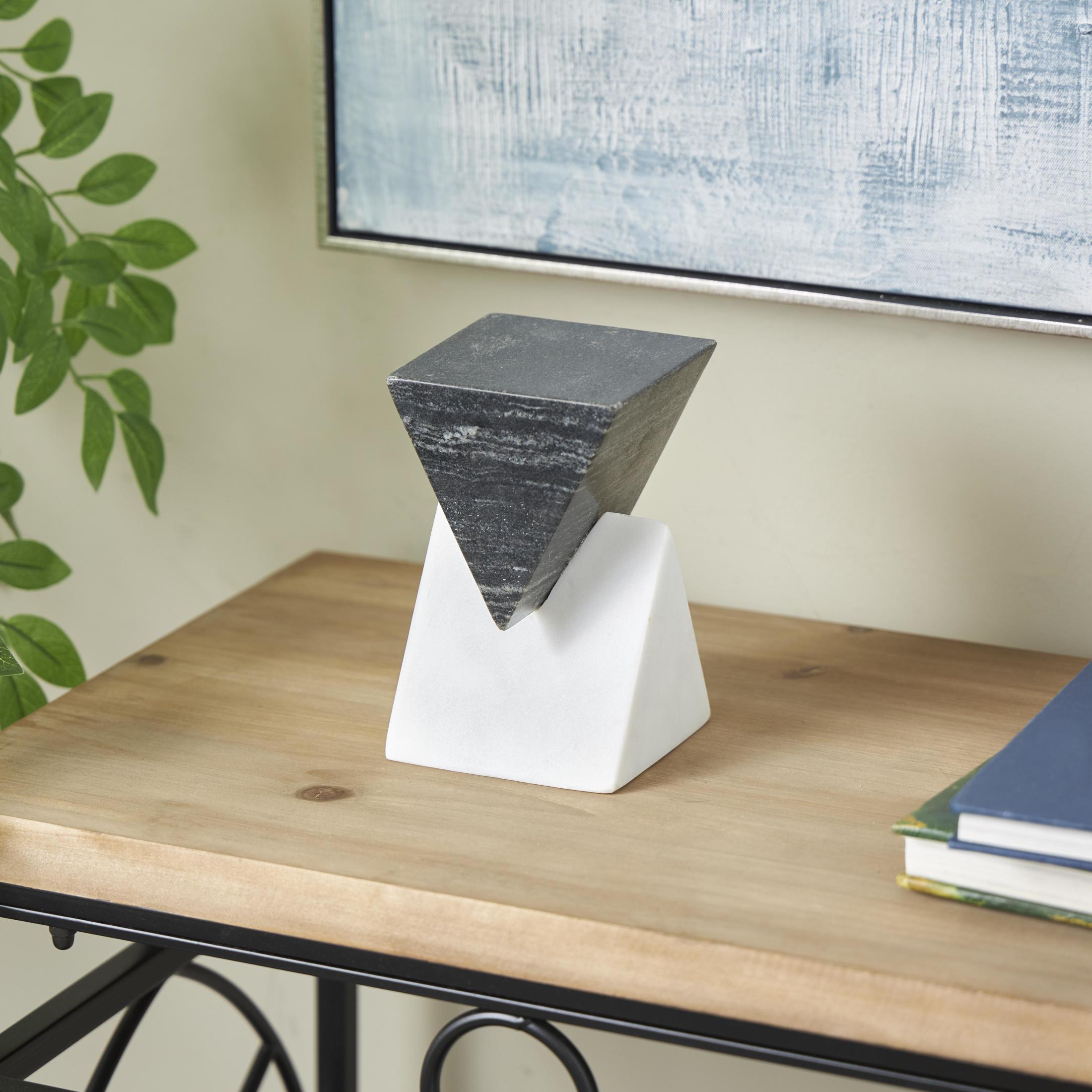 4" x 7" White Marble Stacked Pyramid Geometric Sculpture with White Base, by DecMode