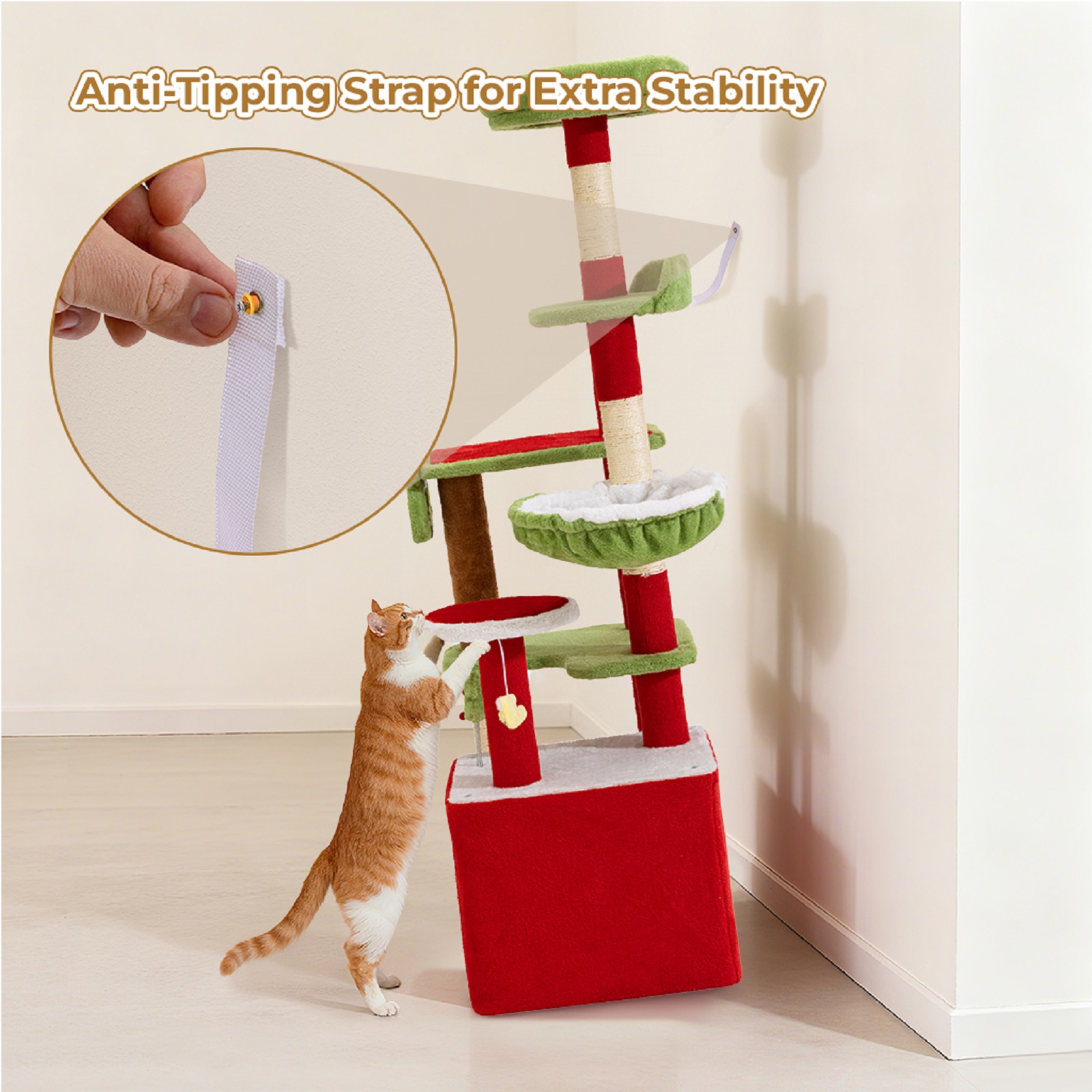 PERIMIDOME 55” Large Cat Tree Tower for Indoor Cats, Multi-Level Cat Furniture with Condo, Hammock & Scratching Posts, Christmas Edition