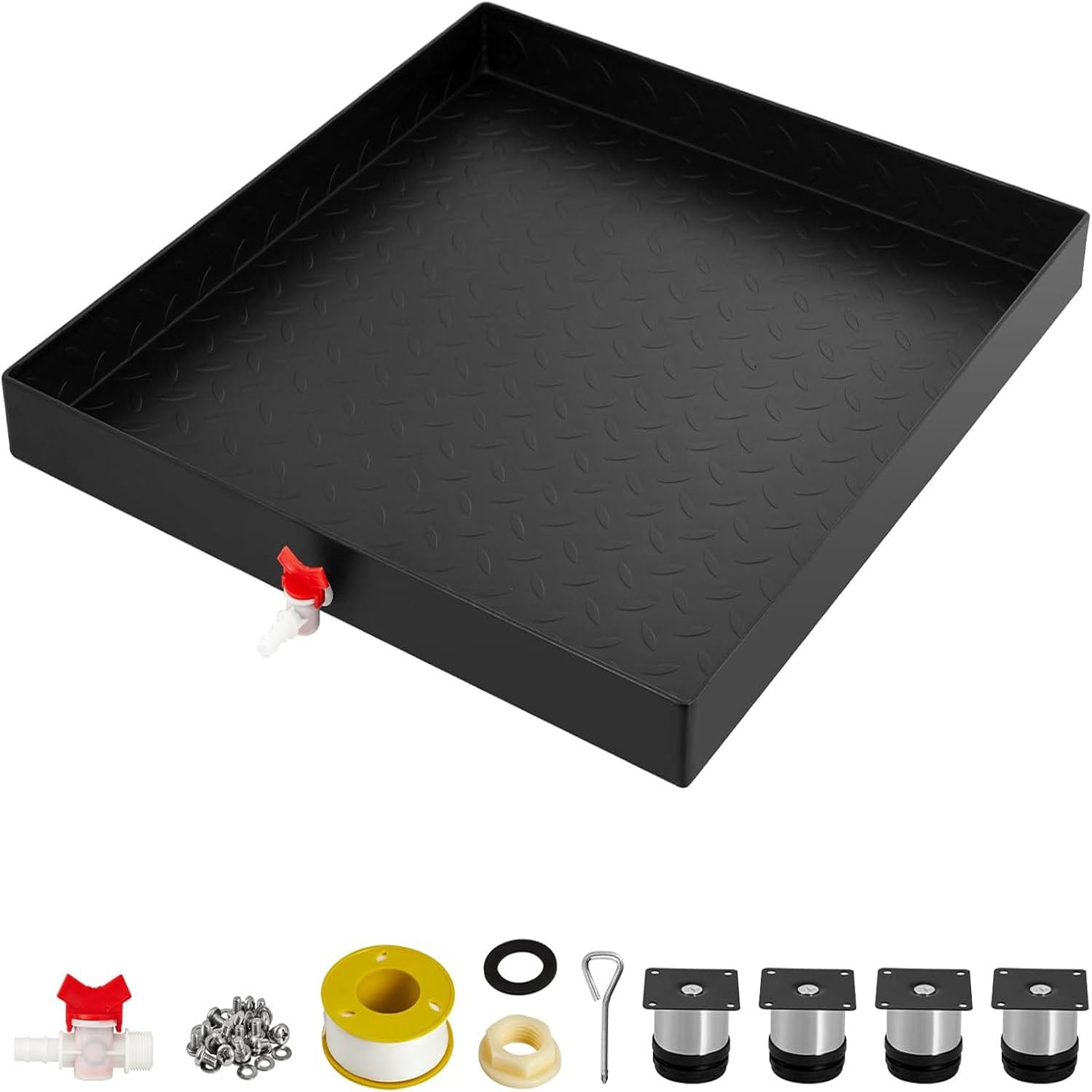 Studyset Heavy-Duty Carbon Steel Washing Machine Pan - 24x24x2in Rust-Free Water Damage Protection with 4 Anti-Vibration Feet, Easy Install No-Hole Design