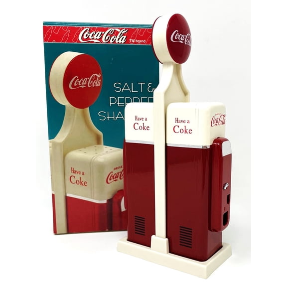 1993 Coca-Cola Machine Salt & Pepper Shakers with Caddy (3 piece Set)