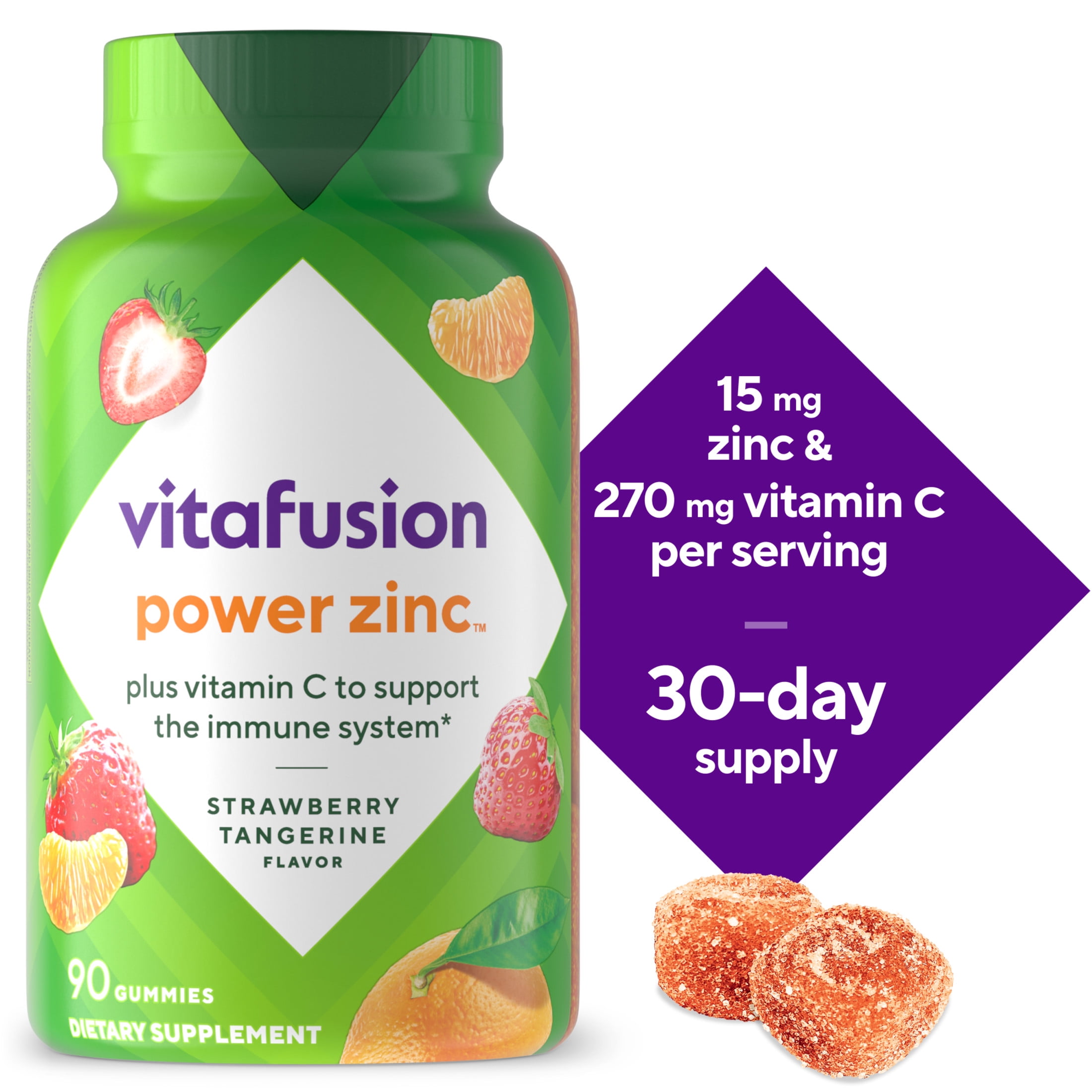 (3 pack) vitafusion Power Zinc Gummy Vitamins, Strawberry Tangerine Flavored Immune Support (1), 90 Count