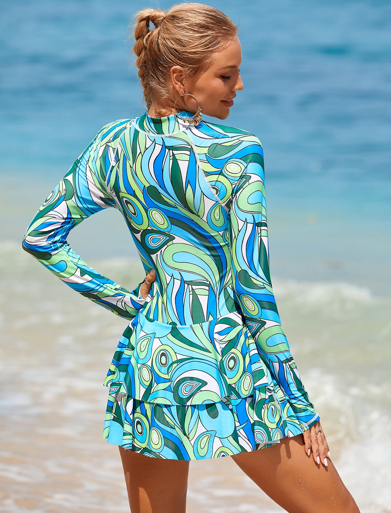 IDOPIP Women One Piece Rash Guard Set Long Sleeve Swimsuits Zip Front Swim Shirt Dress with Shorts