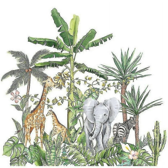 Wabjtam 1pc Cartoon Tropical Rainforest Animals Plant Wall Sticker, Removable Jungle Animal Elephant Giraffe Zebra Wallpaper Decal, Art Mural