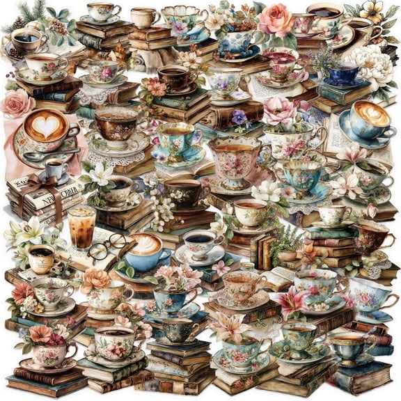 BESTSKY 50Pcs Vintage Coffee Books Stickerspcs for Water Bottles Laptop Scrapbooking Scrapbook.Teatime Adhesive Waterproof Transparent Pet Stickers for Teens Adult Party Gift Vintage Stickers