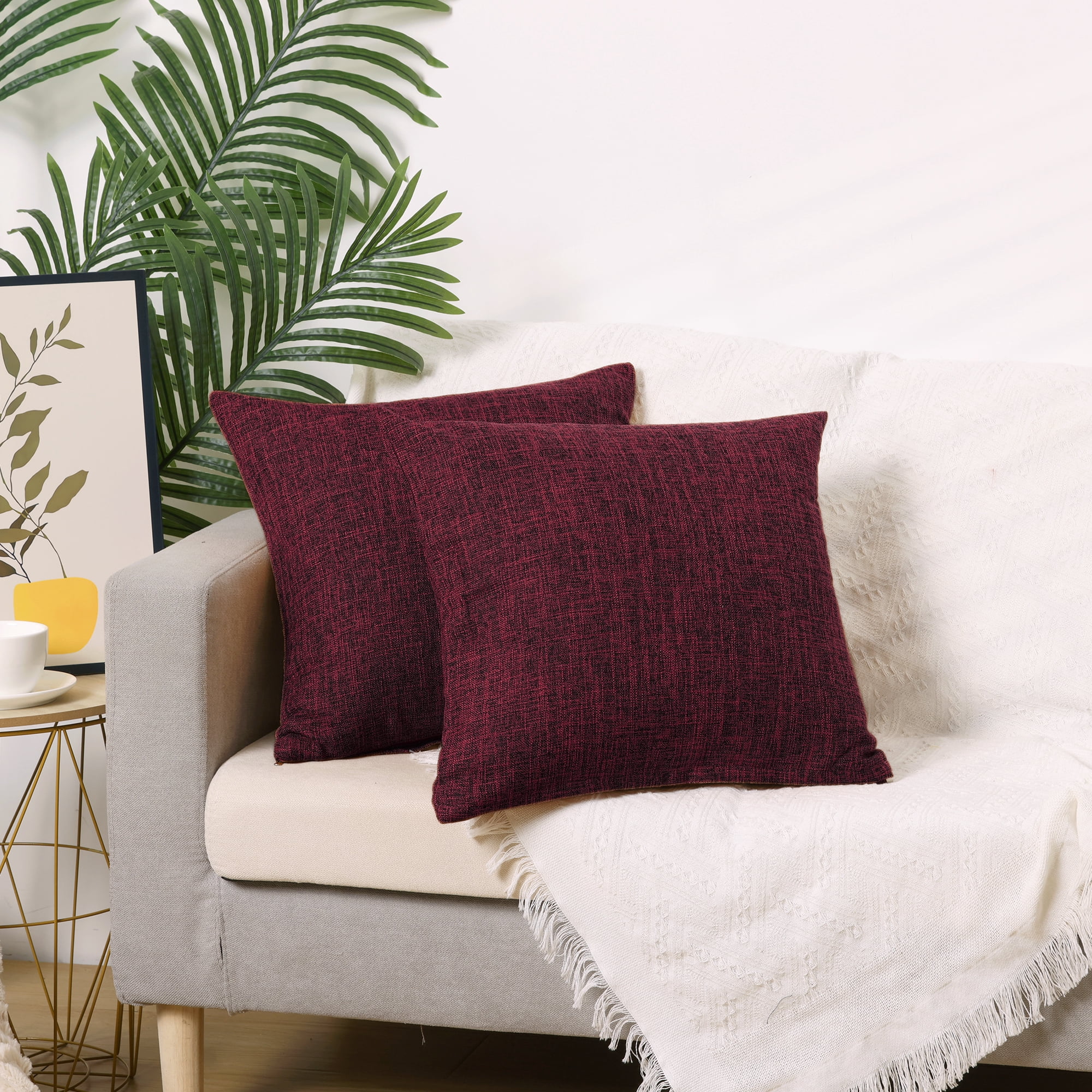 Unique Bargains Solid Indoor Linen Decorative Throw Pillow Cover 2 Pcs Claret 24" x 24"