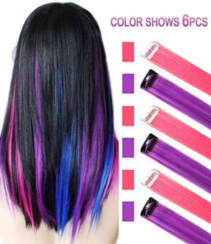 SARARHY Purple Pink Hair Extensions Colored Party Highlights Straight Hair  Extension Clip In/On For girls and Dolls Kids Costume Wig Pieces 6 PCS -  