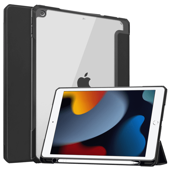 for iPad 9th/8th/7th Generation (2021/2020/2019) 10.2" - [Built-in Pen Holder] Shockproof Cover with Clear Clear Back, Auto Sleep Wake, Black
