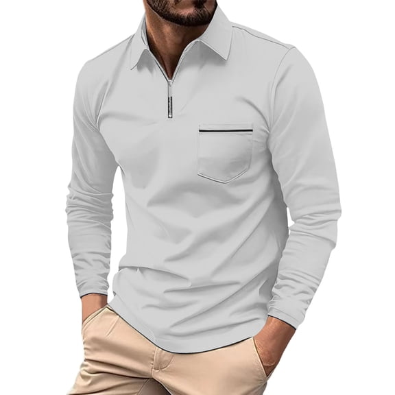 WAYUTE Polo Shirts for Men Long Sleeve Zipper Solid Color Lapel T Shirt with Front Pocket Sun Protection Athletic Shirt Tops Casual Outdoor