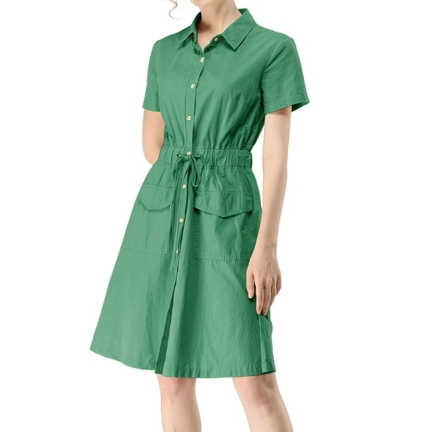 Vestido camisero de algodón con cuello abotonado y vestidos tipo safari para mujerVerde XL