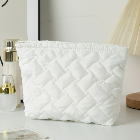 Neceser de Punto con Intrincados Diseños | Neceser a Rayas con Bloques de Color | Estuche Portátil Estilo Instagram | Bolsa de Maquillaje Blanca de Poliéster