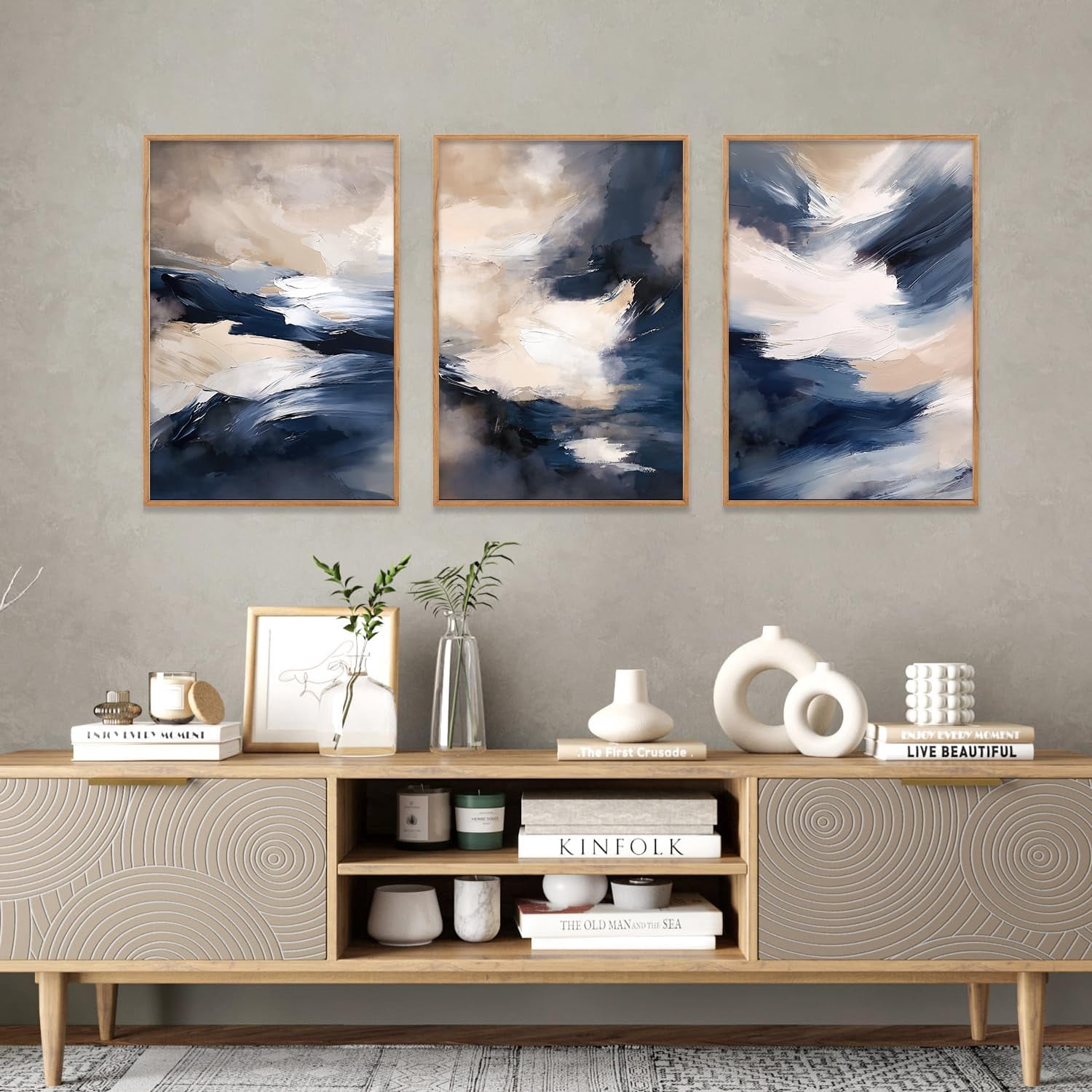 Blue Abstract Brush Stroke Framed Wall Art, Modern Minimalist Color Block Canvas Wall Decor, Earth Tone Shape Wall Painting, Beige Neutral Art Print for Living Room, Bedroom, Office - 16"x24"x3