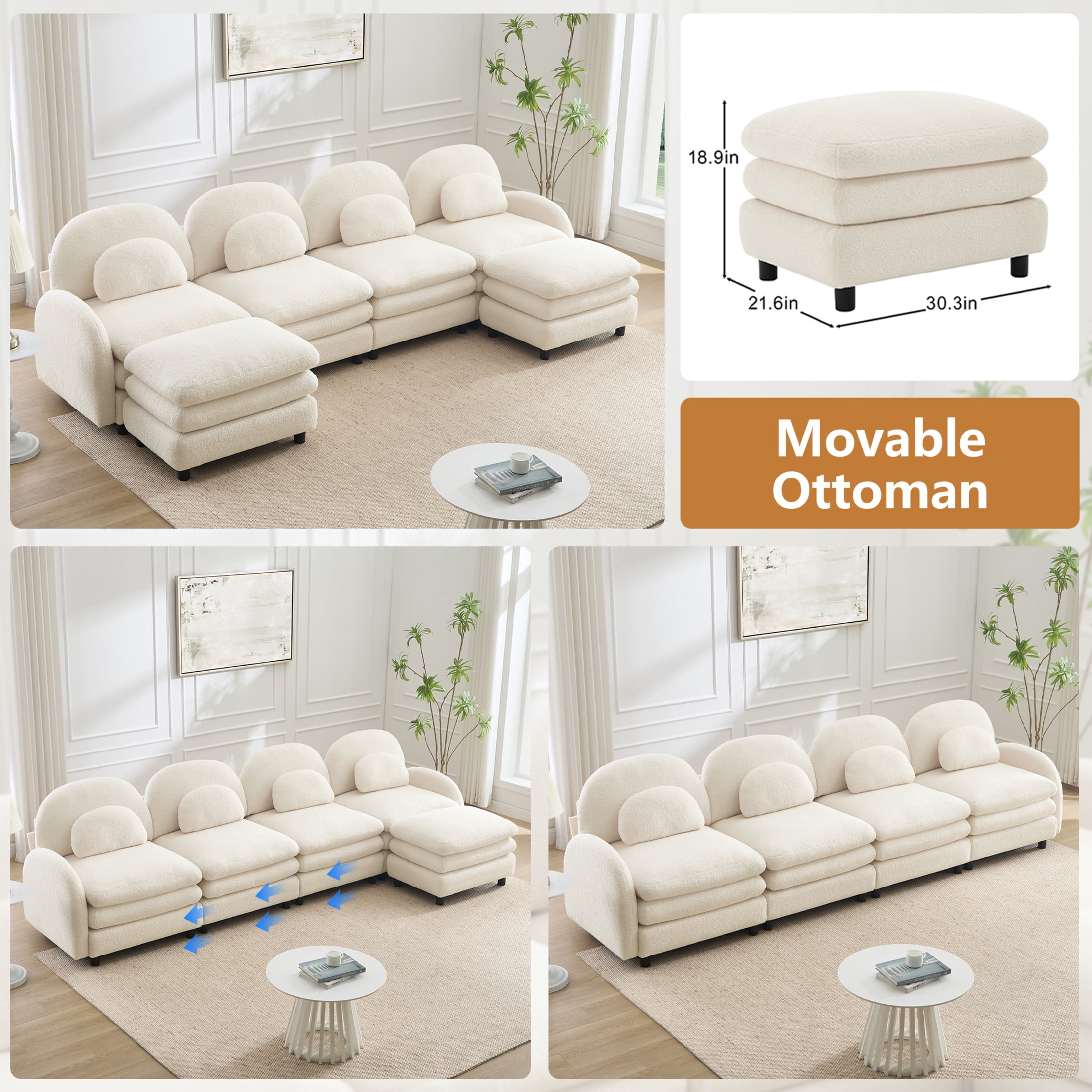 Noble House Windsor Teddy Fabric 4-Seater Sectional Sofa, Modular Cloud Couch with Lumbar Pillows, Beige