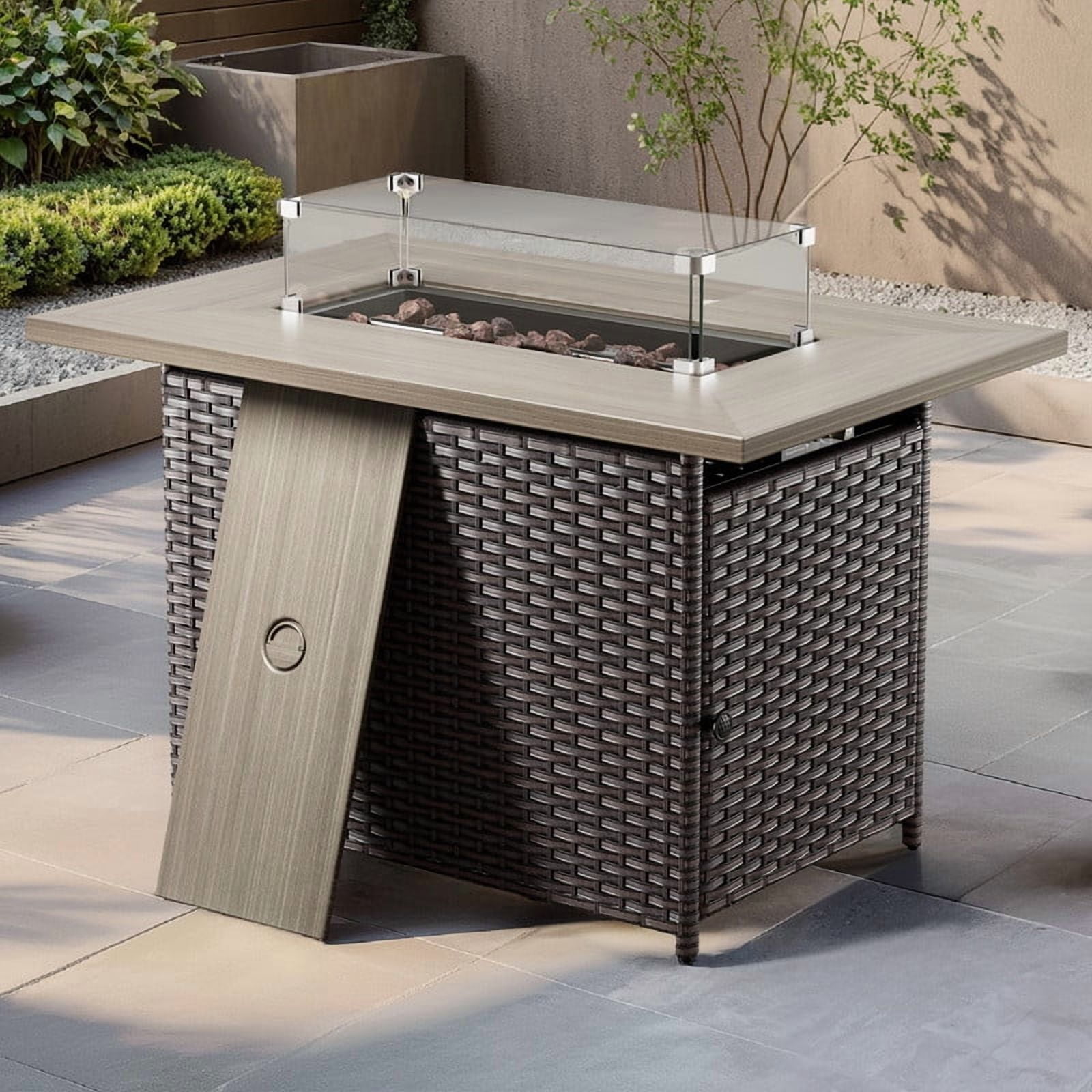 Giantfurnni 41" Propane Fire Pit Table with Lid, Outdoor Wicker 50,000 BTUs Rectangle Gas Fire Pit Table with Glass Wind Guard and Lava Rocks for Balcony Porch Deck