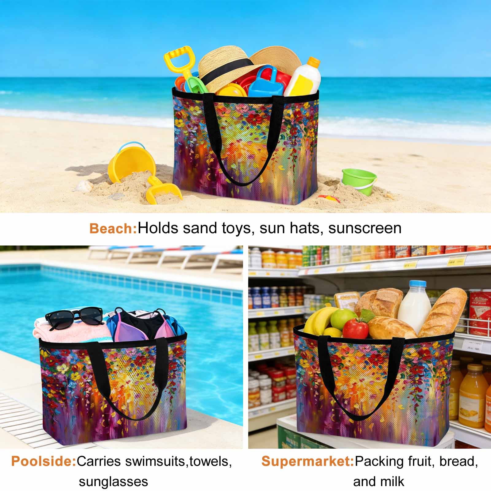 Purple Floral Beach Bag for Women, Large Breathable Mesh Beach Tote Bag, Modern Abstract Art Flowers Sandproof Lightweight Travel Bags for Vacation Picnic Swimming Pool 15.7"x15.7"x9.1"