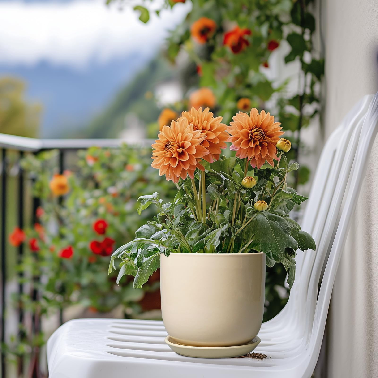10 Inch Ceramic Planter with Drainage Hole and Saucer – Large Indoor Outdoor Flower Pot for Home Decor, Modern White Plant Pot