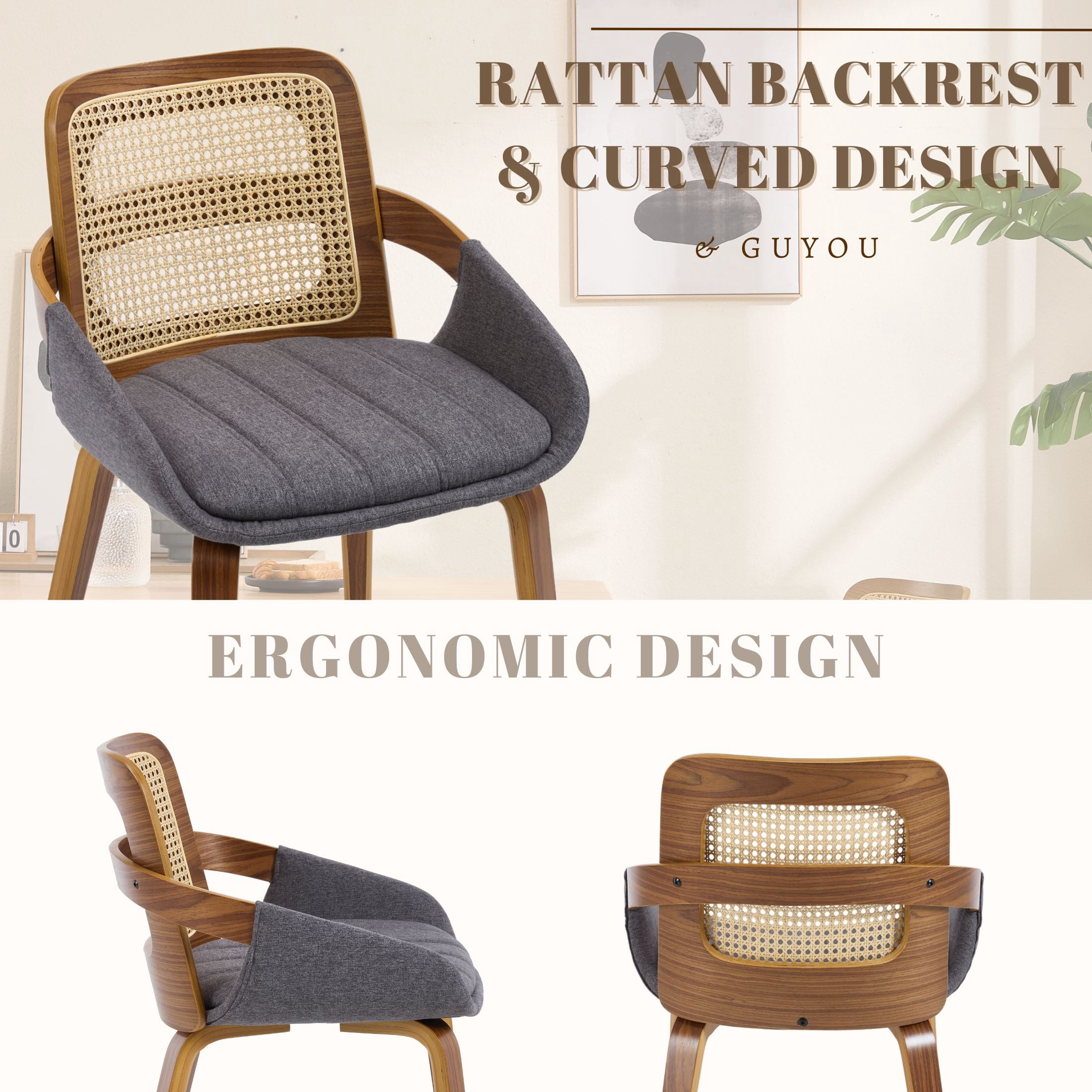 Guyou Modern Rattan Dining Chair Set of 2, Solid Wood Dining Side Chairs, Linen Upholstered Kitchen Chairs with Armrests for Kitchen Dining Room Living Room, Grey