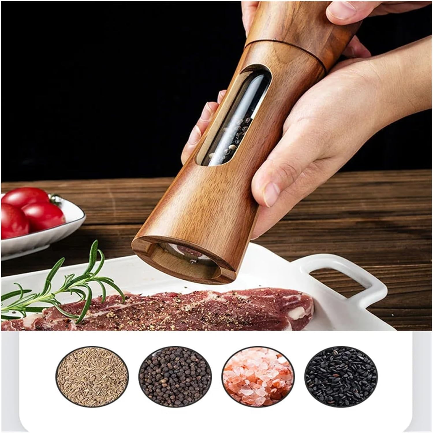 Wooden Salt and Pepper Grinder Set,Manual Pepper Mill Grinder,Salt and Pepper Grinder Set with Ceramic Core,Refillable Pepper Grinder with Acrylic Visible Window,Pepper Grinder For Seasoning,2 Pack