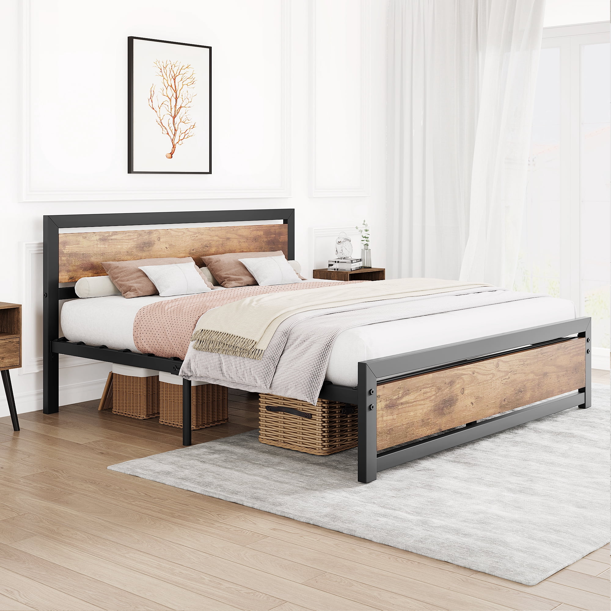 Industrial King Size Platform Bed Frame with Rustic Wooden Headboard – 14 Inch Heavy Duty Metal Support, Large Underbed Storage, Easy Assembly, Noise-Free, No Box Spring Needed King bed