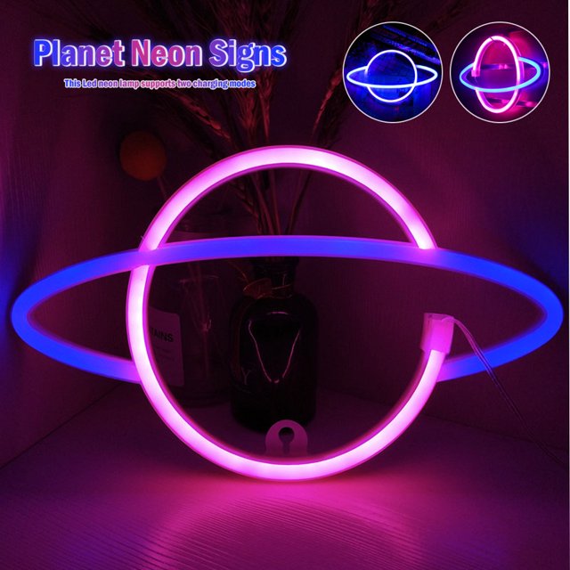 Muyoka Letreros de neón, luces de neón LED de planeta, letrero de luz de neón para pared USB/letreros de neón LED alimentados por batería para decoración estética de dormitorio, hogar, habitación de n Muyoka Hogar