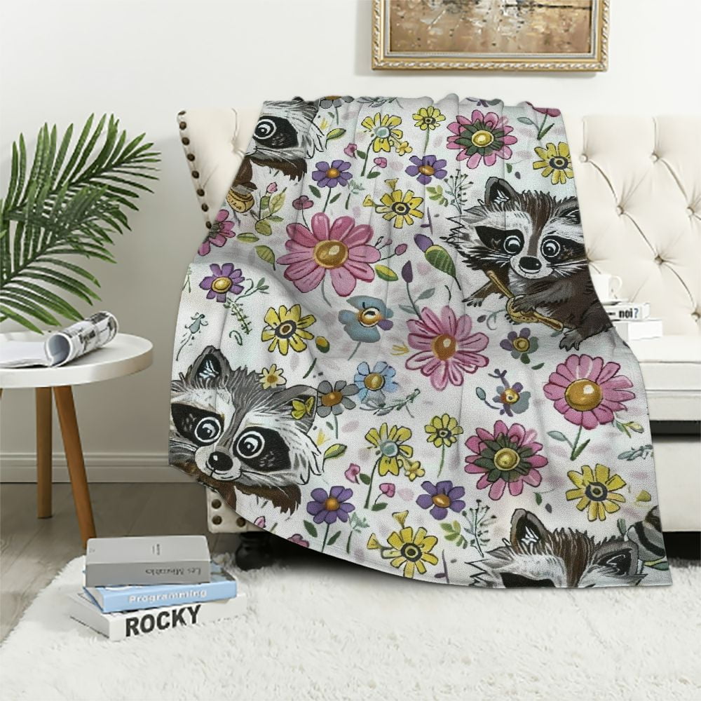 JRXY Flannel Travel Throw Blanket Cute Brown Raccoon Bee Flowers Fluorescence Pillow Bed Blanket for Car Airplane Train Soft Warm Cartoon Plush Blanket for Women Gifts White