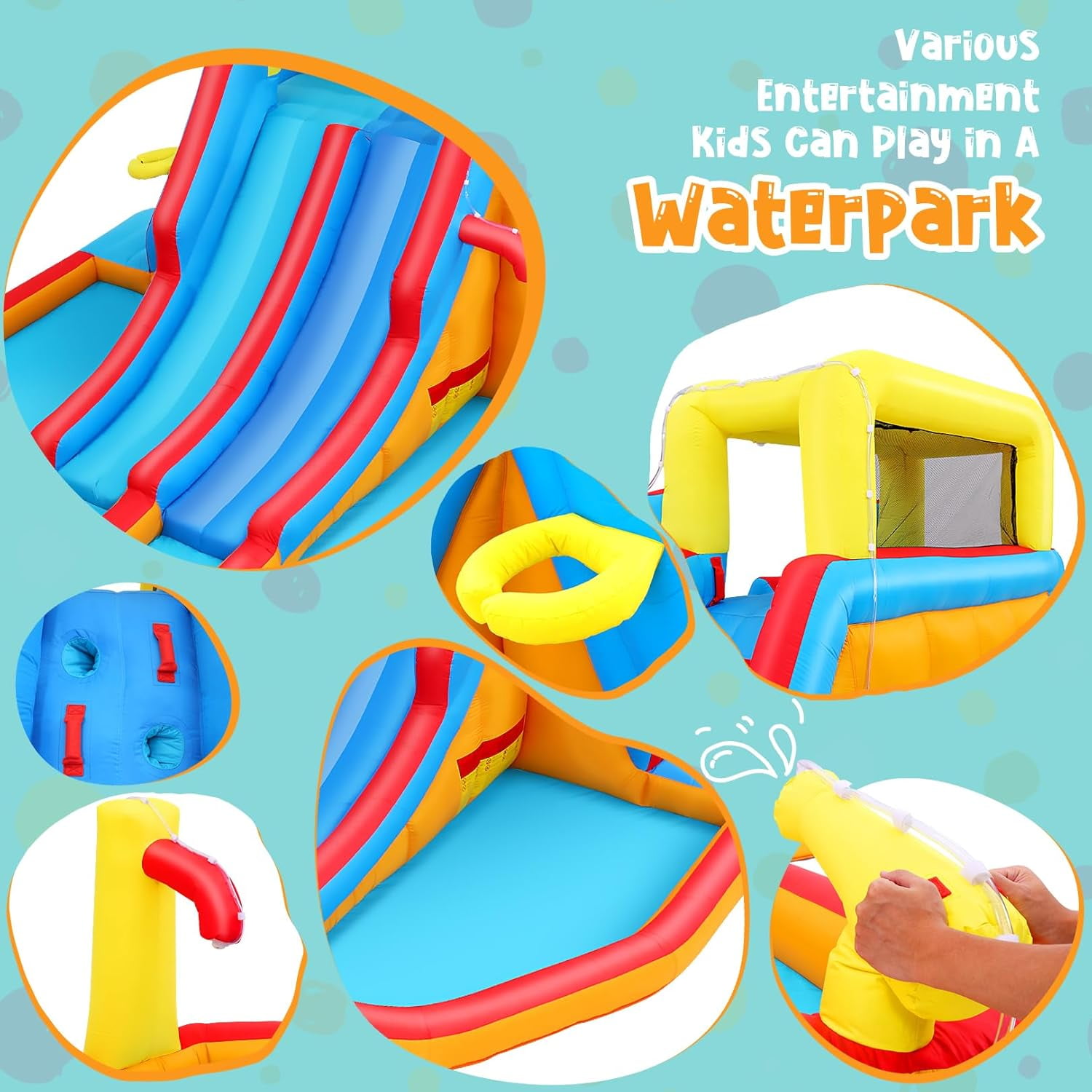 Veeboto Inflatable Water Slide with 620W Blower, Bounce House for Big Kids with Slide, Pool, Shower Area, Climbing Wall, Water Cannon, Basketball Frames, Inflatable Dual Slide for Outdoor & Indoor