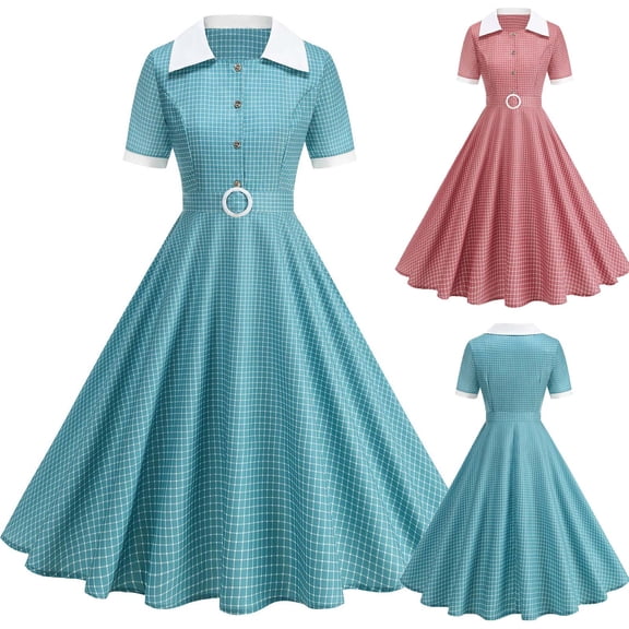 HAOTAGS Summer Dresses for Women 2026 Checkered Polka Dots Retro Hepburn Dress Light Blue Size M