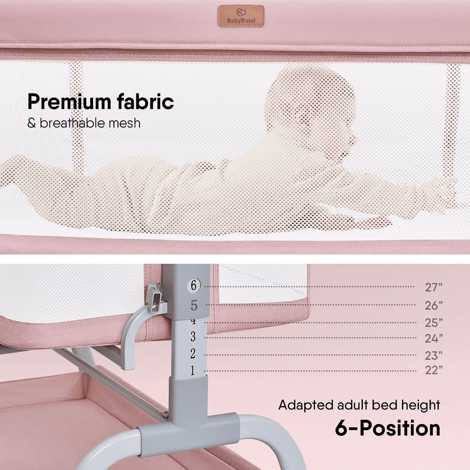 BabyBond Baby Bassinet, 3 in 1 Bassinet Bedside Sleeper with Washable Soft Mattress and Sheet, 6 Height Adjustable Easy Folding Bedside Crib, 4-Sided Mesh Bedside Bassinet for Baby,Pink