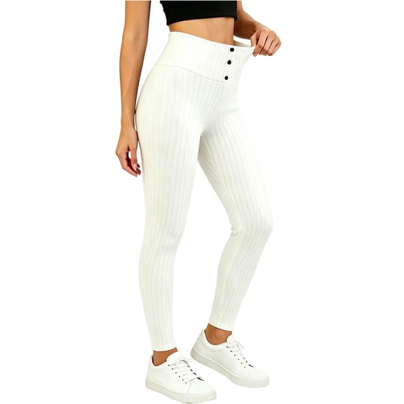 ZHYou No Boundarie Women's Yoga Leggings Ribbed Knit High Waist Tummy Control Stretchy Slim Fit Button Skinny Casual Seamless Basic Pants,White,Size XL