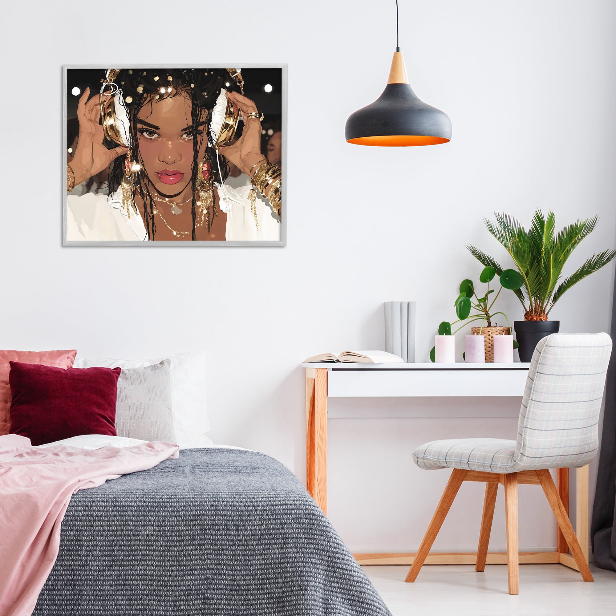 Stupell Industries Gold Headphones Glam Female Gray Framed Giclee Art, design by Franklyn Gregory
