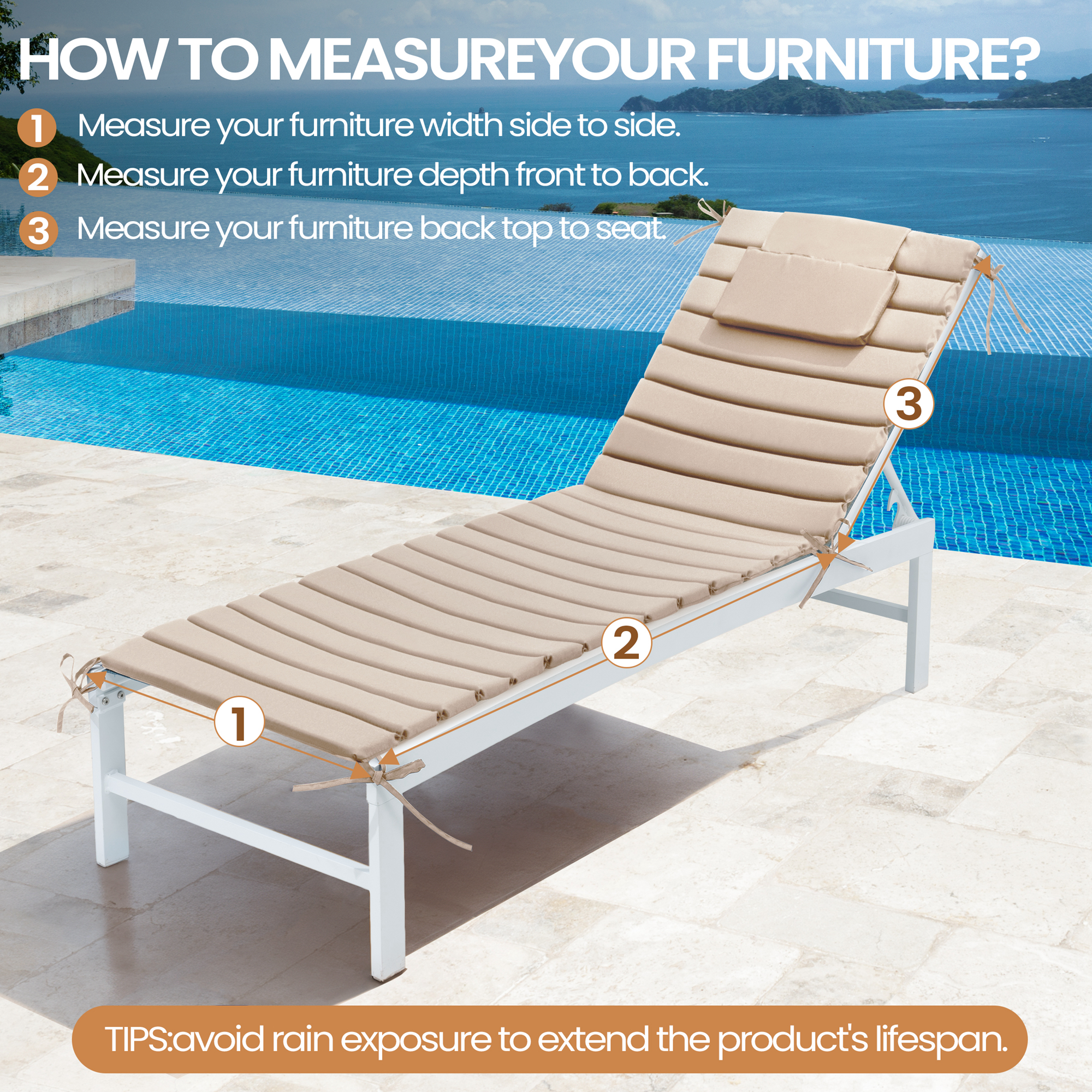 Pellebant Outdoor Set of 2 Chaise Lounge Cushions with Headrest for Patio Furniture,80"L x 26"W x 1"T Beige
