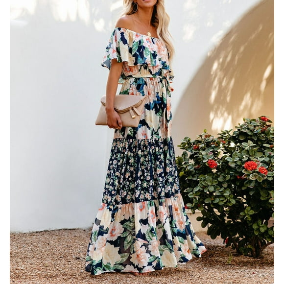 Summer Women Maxi Dress Off Shoulder Vintage Beach Bohemian Causal Floral Print Swing Dress Long Dresses