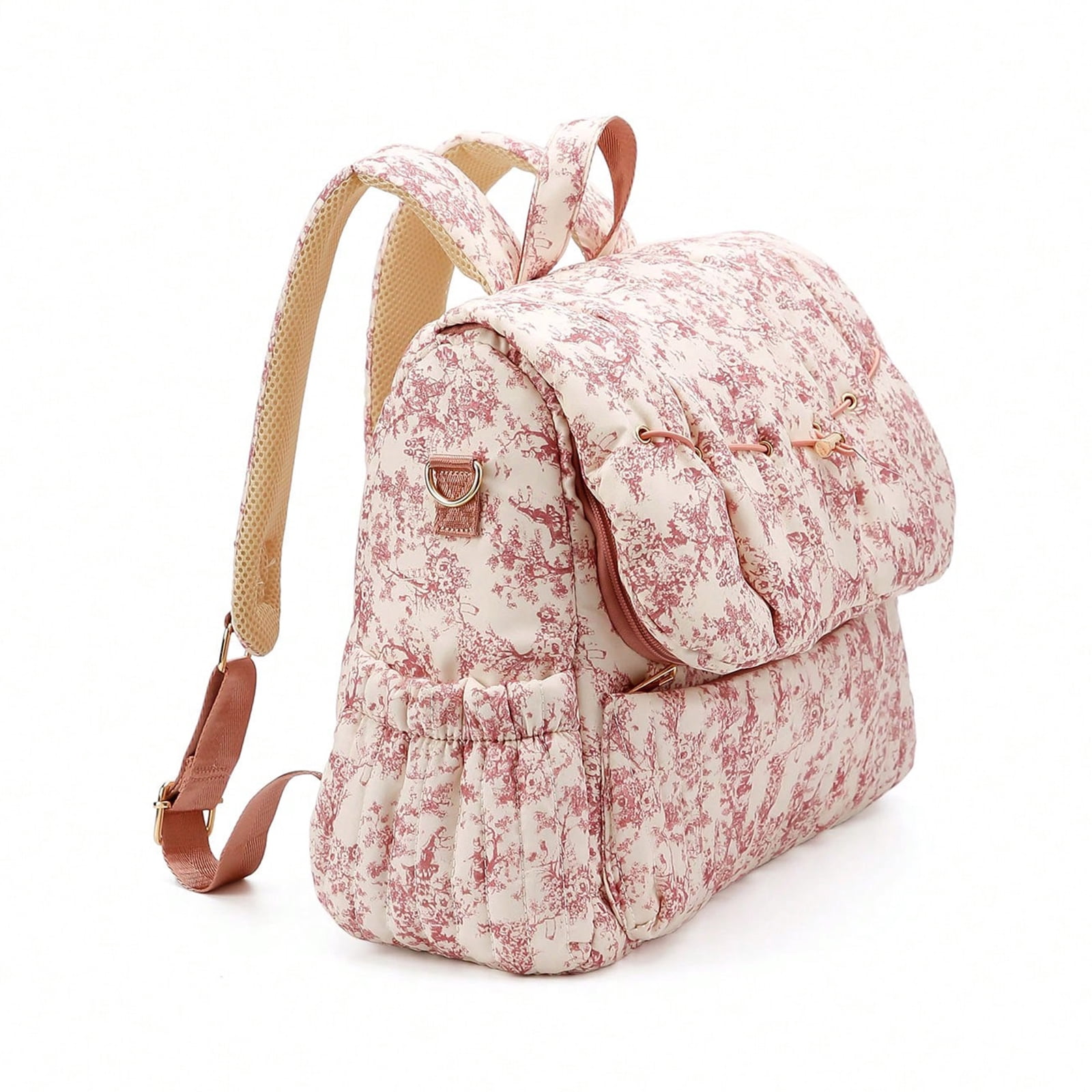 HAHUT Aesthetic Quilted Floral Diaper Bag Backpack with Stroller Straps, Multi-Functional Nylon Embroidered Laptop Backpack for Work Travel Casual (Red)