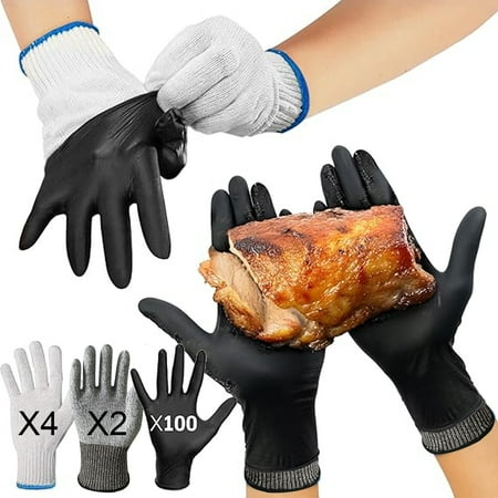 Taotique BBQ Gloves, Heat Resistant Cooking Gloves, 4 Cotton Liners + 2 Cut Resistant Gloves + 100 Disposable Nitrile Grill Gloves for BBQ, Smoker & Food Prep
