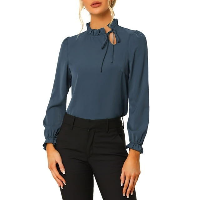 INSPIRE CHIC Blouse Élégante à Manches Longues pour Femmes Col à Volants Haut de Travail S Bleu Foncé
