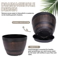 thumbnail image 4 of VECELO 4 Pack 11.3 inch Plant Pots, Whiskey Barrel Planters with Drainage Holes & Saucer, Plastic Imitation Wine Barrel Decoration Flower Pots, for Indoor & Outdoor Garden Home Plants, Brown, 4 of 10