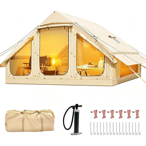 Lilypelle 4-6 Person Blow Up Inflatable Tent with Stove Jack, Hot Tent for Camping with Hand Pump, Waterproof Inflatable Camp Tent with Mesh Windows, Easy Setup Glamping Inflatable House