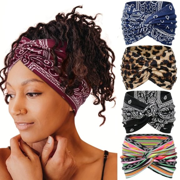 CHENjy Boho Headbands For Women, Black Knotted Headband, Elastic Turban Headbands, Non Slip Printed Sport Hair Wrap, Cloth Made Fashion Hair Accessory for Daily Casual Outdoor Matching