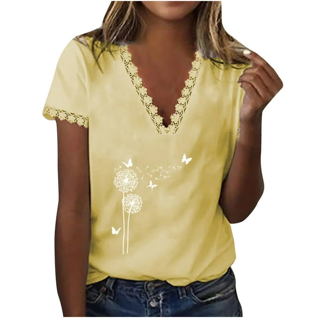 Pompotops T-Shirt Décontracté Sexy Mode Été Col en V Imprimé Manches Courtes Blouse