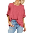 thumbnail image 2 of Silver Basic Cotton Blend Macaron Color T-Shirt Womens Top Casual Loose 3/4 Sleeve Sports Oversized Top L,Red-1, 2 of 2
