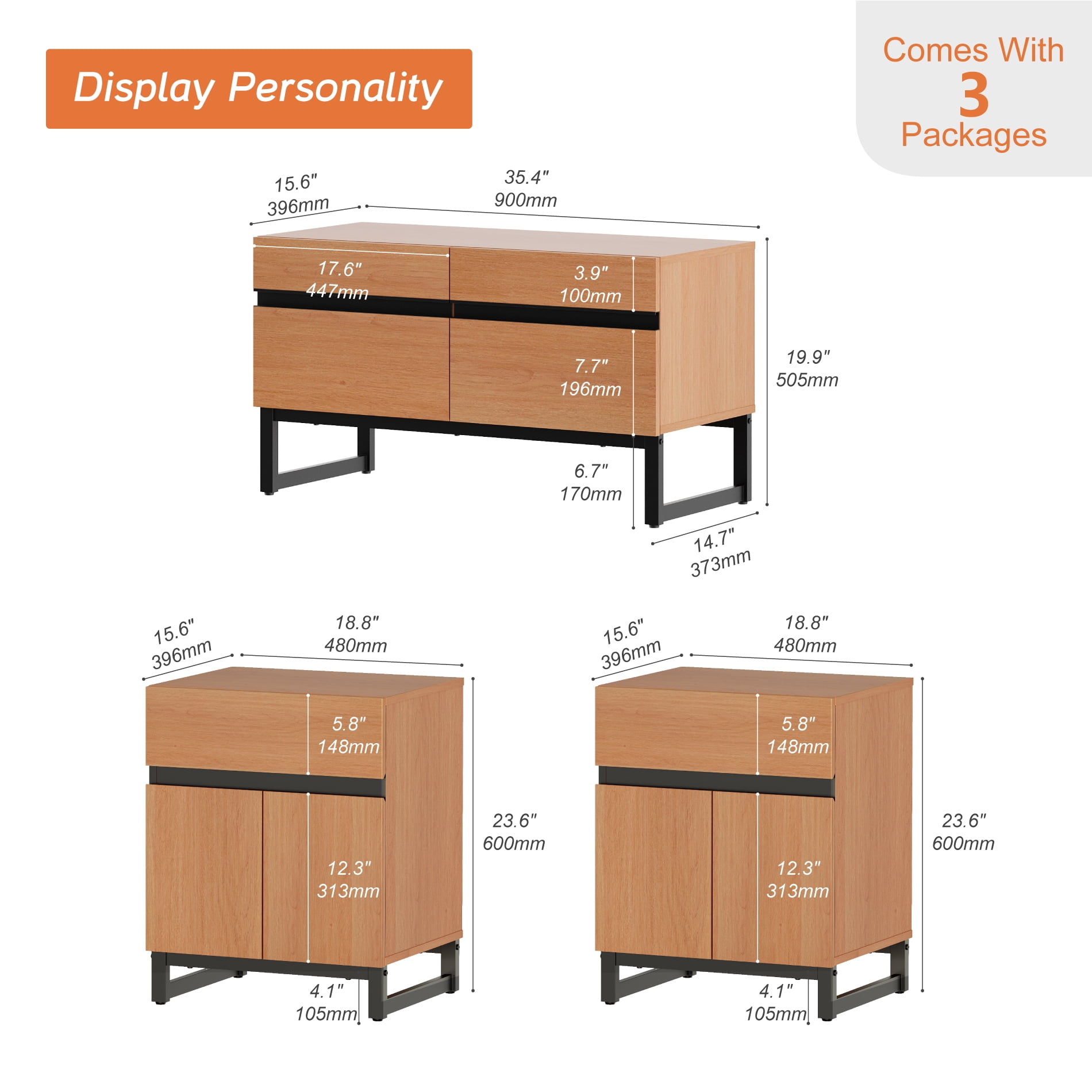 Modern 3-Piece Living Room Set, 35 Inch TV Stand And 2 End Table Sets With Drawers, Media Console with Storage Shelves, Sturdy Wood Frame & Metal Legs, Contemporary Furniture for Living Room,Mocha