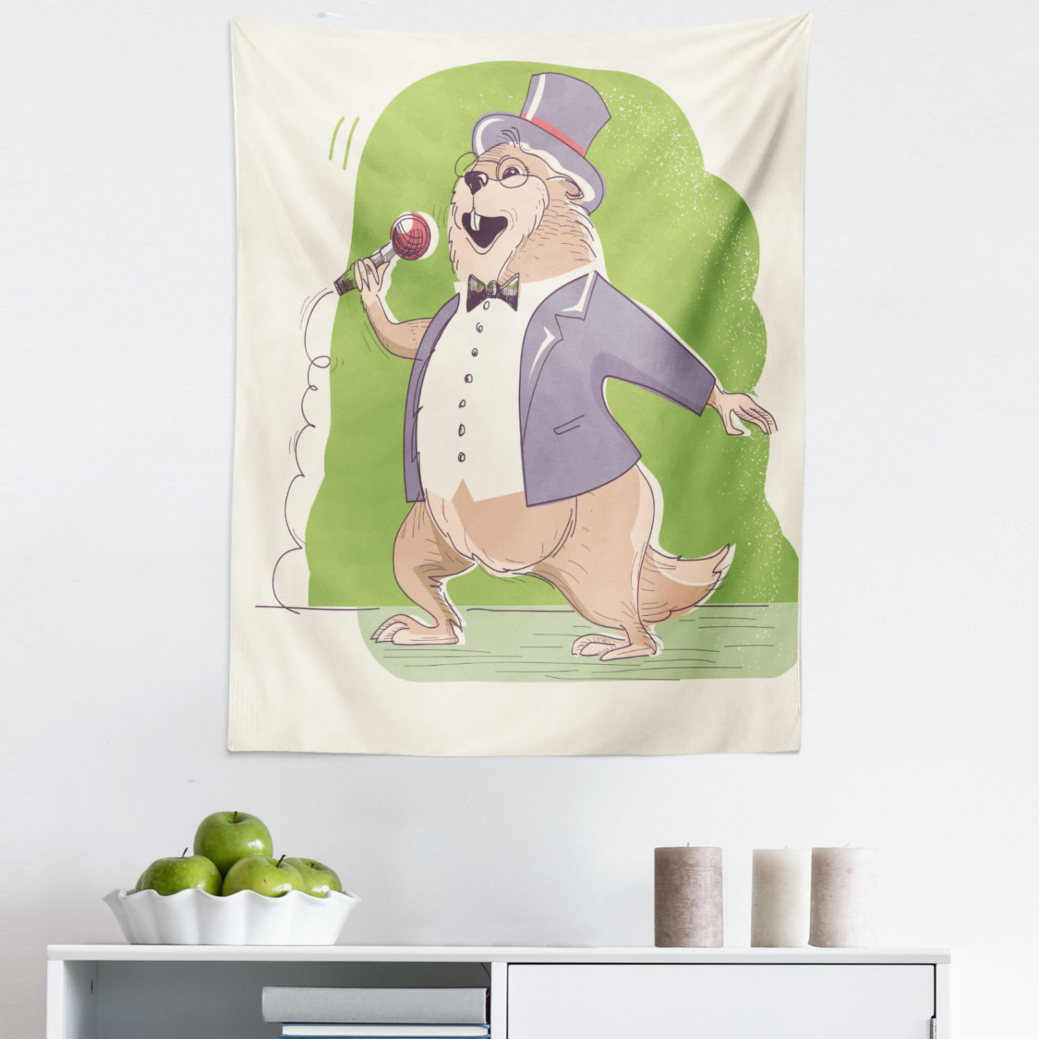 Groundhog Day Tapestry, Marmot Singer and Microphone Funny Design Cartoon,  Fabric Wall Hanging Decor for Bedroom Living Room Dorm, 5 Sizes, Lime Green  Mauve and Ecru, by Ambesonne 